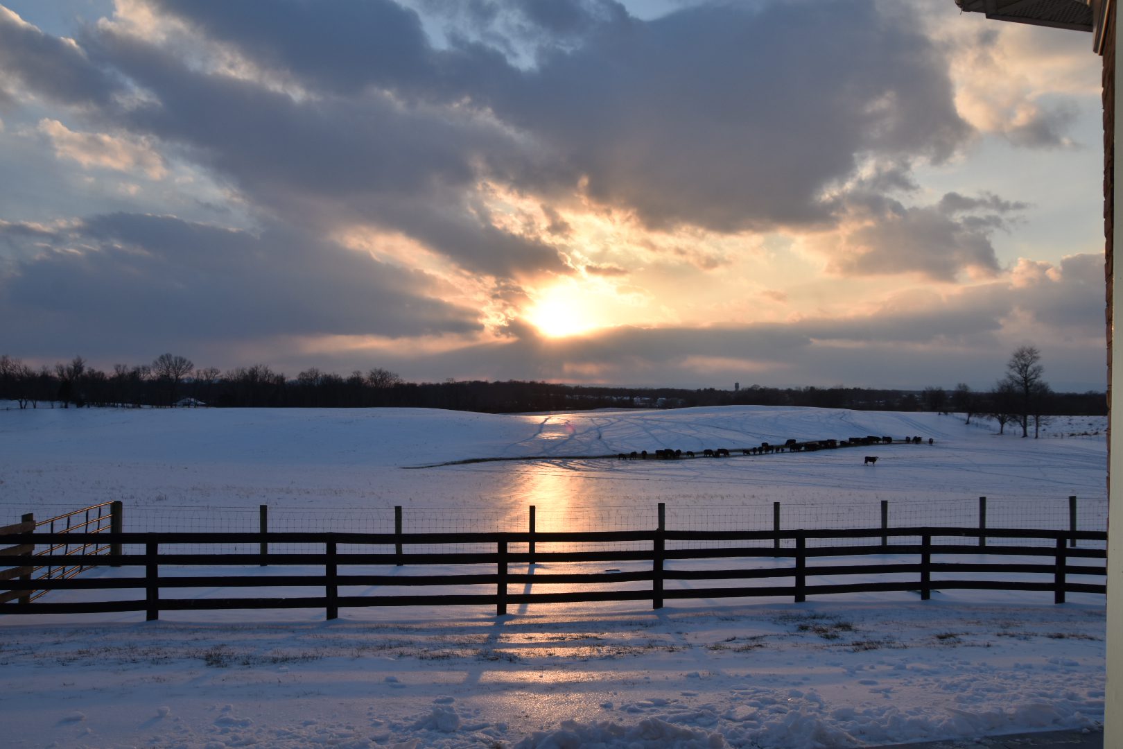 Sunset over a snowy landscape with a wooden fence.