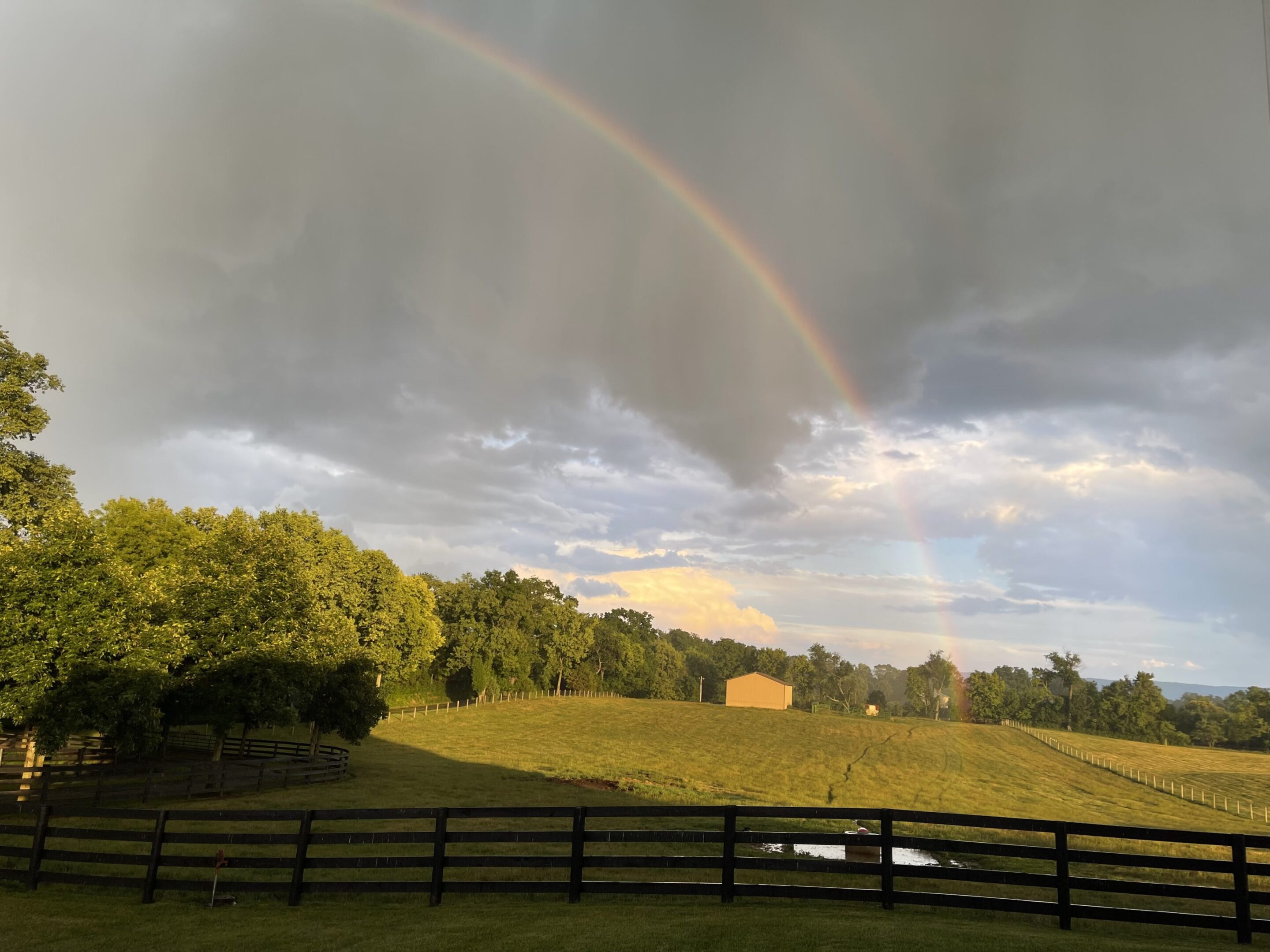 A vibrant rainbow arcs over a lush green field with a wooden fence.