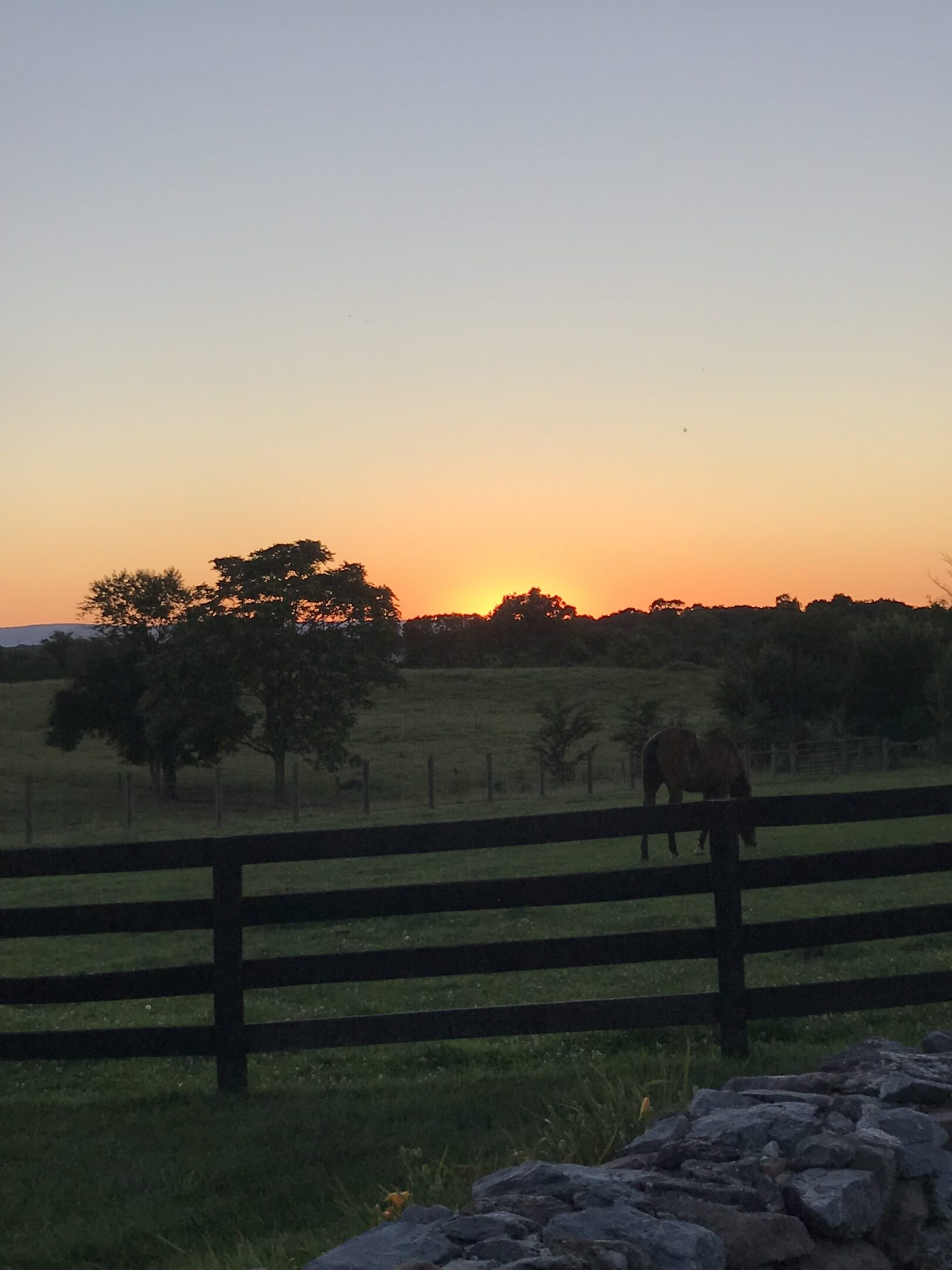 Sunset over a peaceful rural field with a wooden fence.